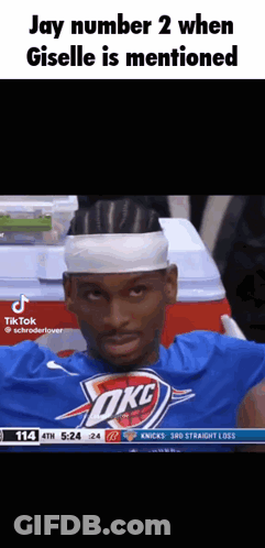 A Basketball Player Wearing A Headband And A Blue Shirt With The Word Okc On It GIF