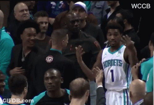 A Basketball Player Wearing A Hornets Jersey Talks To A Fan GIF