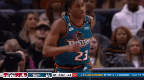 A Basketball Player Wearing A Jersey That Says Detroit On It GIF