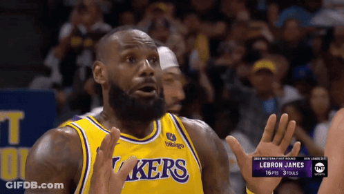 A Basketball Player Wearing A Lakers Jersey Is Making A Funny Face GIF
