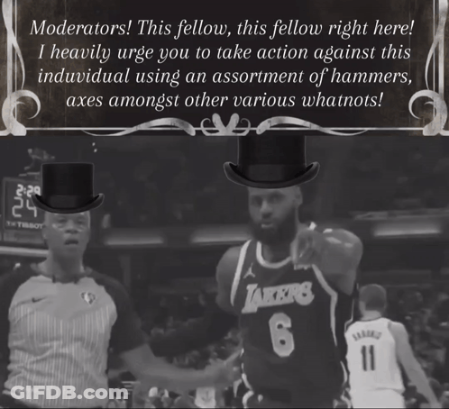 A Basketball Player Wearing A Lakers Jersey Is Standing Next To A Referee Wearing A Top Hat GIF