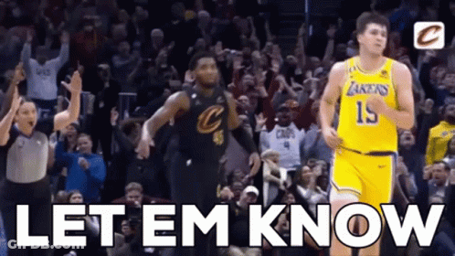 A Basketball Player Wearing A Lakers Jersey Stands Next To A Player Wearing A Cleveland Cavaliers Jersey GIF