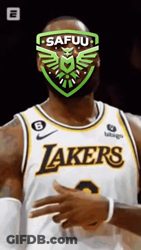 A Basketball Player Wearing A Lakers Jersey With A Green Emblem On His Face . GIF