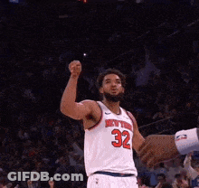 A Basketball Player Wearing A New York Jersey Number 32 GIF