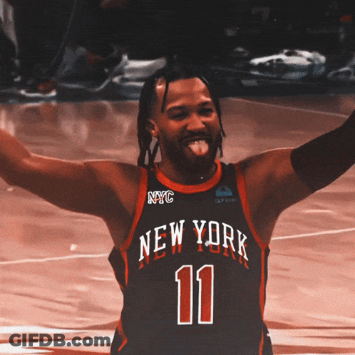 A Basketball Player Wearing A New York Jersey With The Number 11 On It GIF