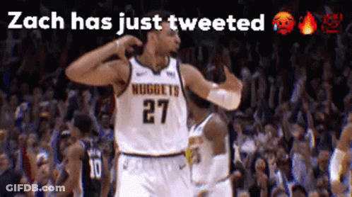 A Basketball Player Wearing A Nuggets Jersey Celebrates In Front Of A Crowd GIF