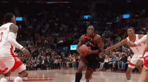 A Basketball Player Wearing A Number 7 Jersey Is Dribbling The Ball GIF