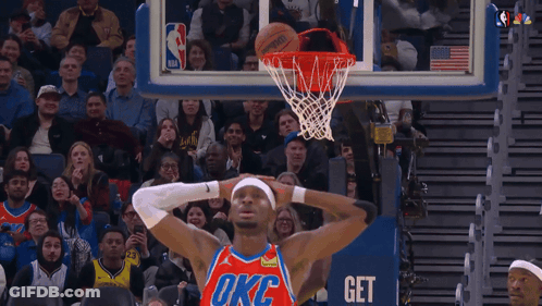 A Basketball Player Wearing A Oklahoma City Thunder Jersey Is About To Dunk The Ball GIF