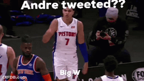 A Basketball Player Wearing A Pistons Jersey Is Standing On The Court GIF