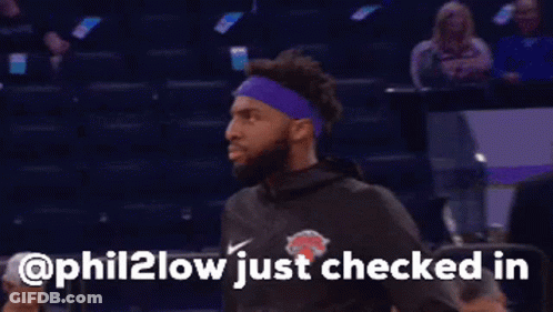 A Basketball Player Wearing A Purple Headband And A Black Shirt Says Phil2low Just Checked In GIF