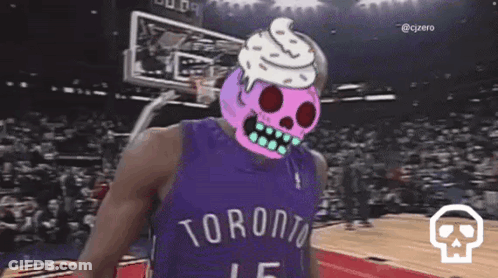A Basketball Player Wearing A Purple Jersey With A Skull Mask On His Head Is Standing On A Basketball Court . GIF