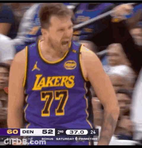A Basketball Player Wearing A Purple Lakers Jersey Is Screaming GIF