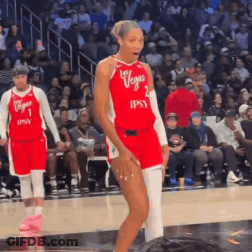 A Basketball Player Wearing A Red Jersey That Says Las Vegas GIF