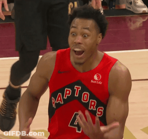 A Basketball Player Wearing A Red Jersey That Says Raptors GIF
