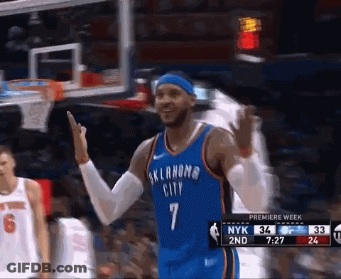 A Basketball Player Wearing An Oklahoma City Jersey Is Waving His Hand GIF