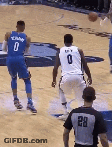 A Basketball Player With The Number 0 On His Jersey Is Dribbling A Ball GIF