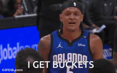 A Basketball Player With The Number 5 On His Jersey Says " I Get Buckets " GIF
