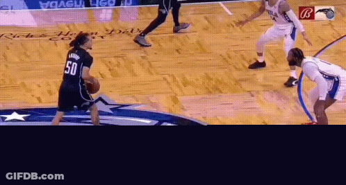 A Basketball Player With The Number 50 On His Back Dribbles The Ball GIF