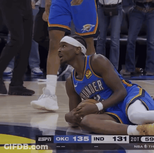 A Basketball Player With The Word Thunder On His Jersey Is Kneeling On The Floor GIF
