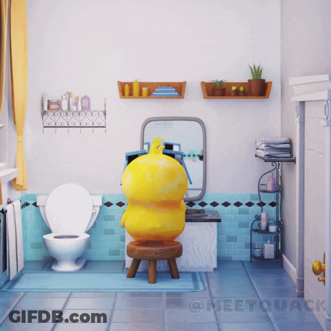 A Bathroom With A Duck Sitting On A Stool GIF
