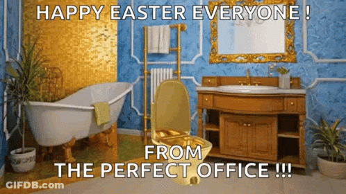A Bathroom With A Gold Toilet And A Bathtub And Says Happy Easter Everyone From The Perfect Office !!! GIF