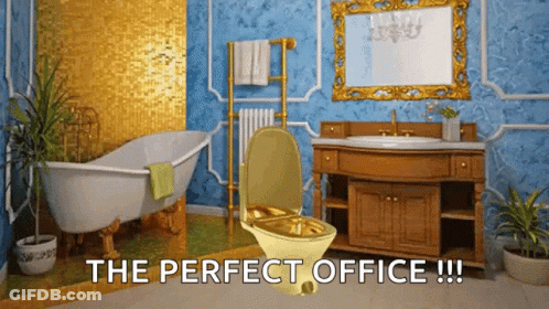 A Bathroom With A Gold Toilet And A Bathtub And The Words " The Perfect Office " GIF