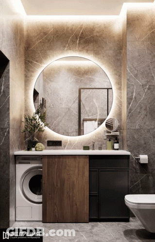 A Bathroom With A Round Mirror And A Washer GIF