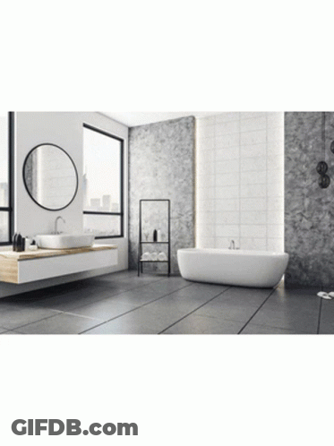 A Bathroom With Two Sinks And A Tub GIF