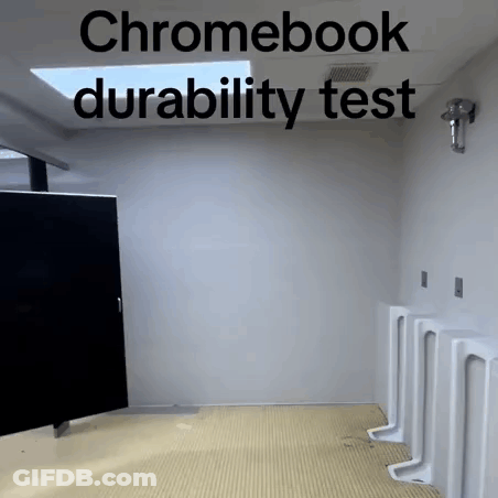 A Bathroom With Urinals And The Words Chromebook Durability Test On The Bottom GIF