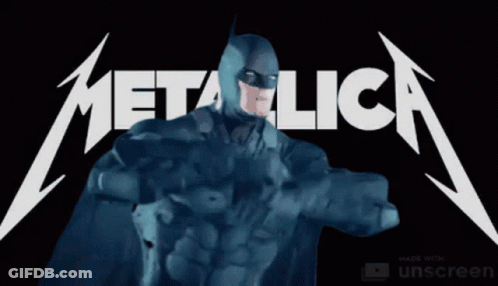 A Batman Standing In Front Of A Metallica Sign GIF
