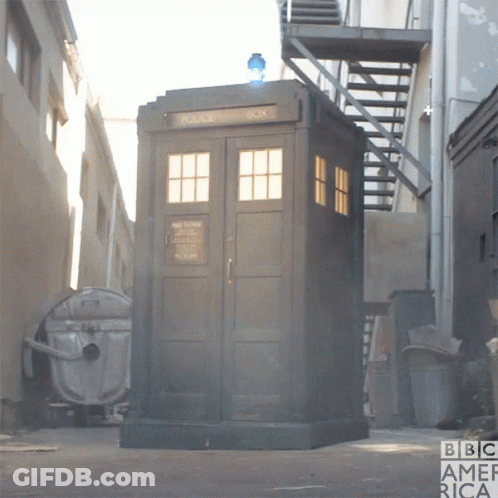 A Bbc America Ad With A Police Box In The Background GIF