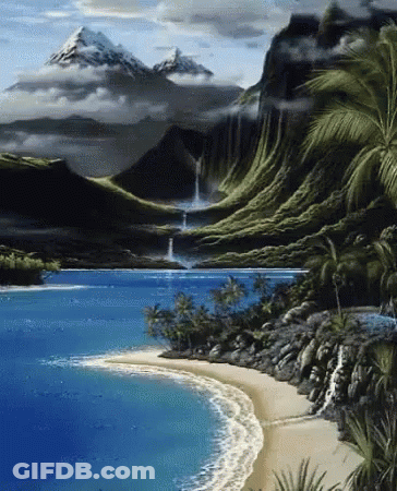 A Beach With Mountains In The Background And A Waterfall In The Middle GIF