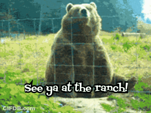 A Bear Behind A Fence With The Words " See Ya At The Ranch " GIF