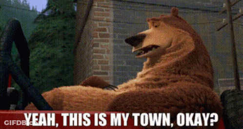 A Bear Is Sitting In A Car With The Words " Yeah This Is My Town Okay " Above Him GIF