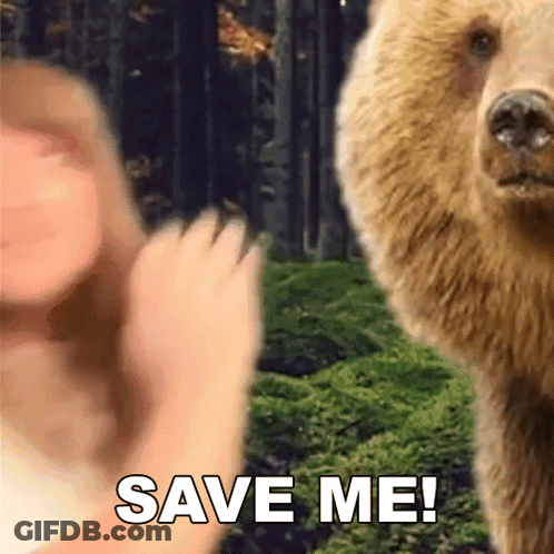 A Bear Is Standing Next To A Woman With The Words Save Me On The Bottom GIF