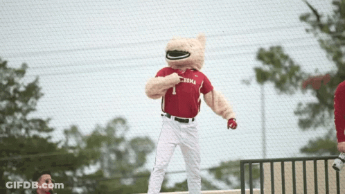 A Bear Mascot Wearing A Red Shirt That Says Oklahoma GIF
