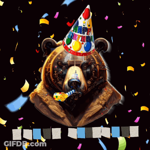 A Bear Wearing A Party Hat With The Words Happy Birthday On It GIF