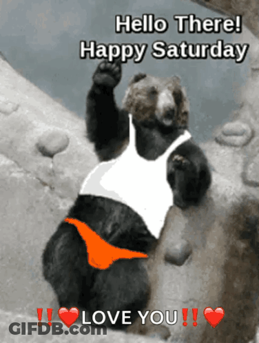 A Bear Wearing A White Tank Top And Orange Underwear Says Hello There Happy Saturday Love You GIF