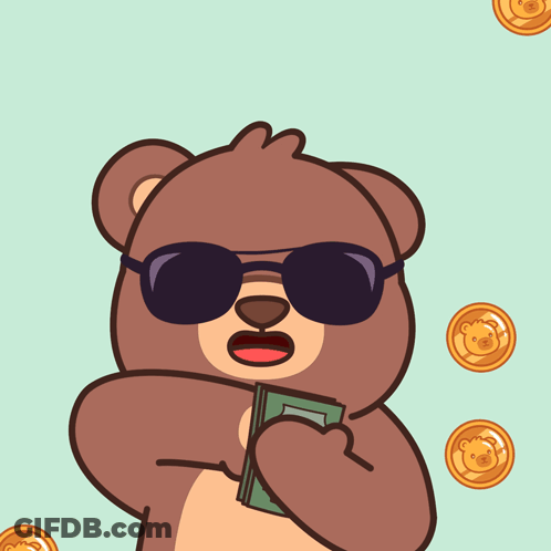 A Bear Wearing Sunglasses Is Holding A Dollar Bill In His Hand GIF