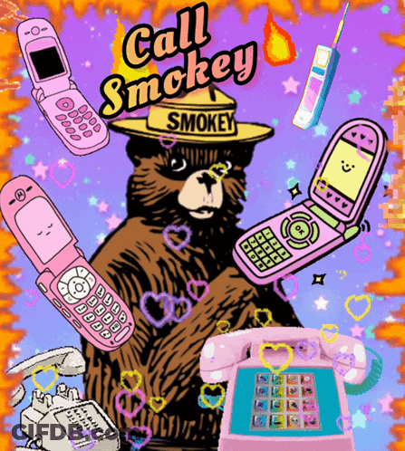 A Bear With A Hat That Says Smokey Is Surrounded By Pink Flip Phones GIF