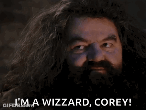 A Bearded Man With A Surprised Look On His Face Says " I 'M A Wizard Corey " GIF