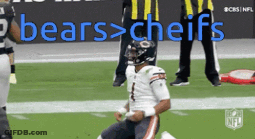 A Bears Football Player Kneeling On The Field With The Words Bears > Chiefs Behind Him GIF