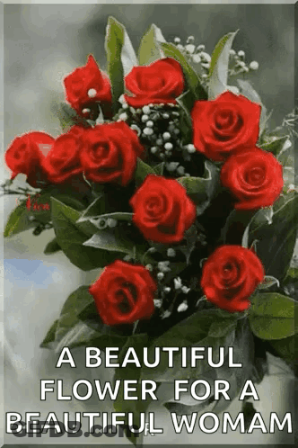 A Beautiful Flower For A Beautiful Woman Is A Bouquet Of Red Roses With Green Leaves . GIF
