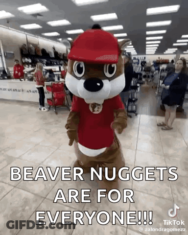 A Beaver Mascot Is Standing In A Store And Says Beaver Nuggets Are For Everyone ! GIF