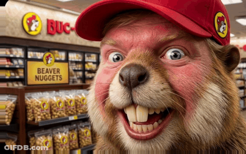 A Beaver Wearing A Red Hat Is Standing In Front Of A Store Selling Beaver Nuggets GIF