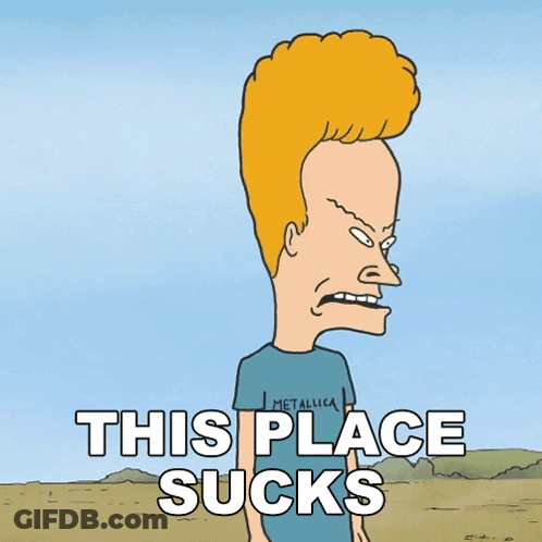 A Beavis And Butthead Cartoon With The Words This Place Sucks GIF