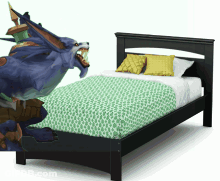 A Bed With A Green Blanket And Yellow Pillows And A Monster On It GIF