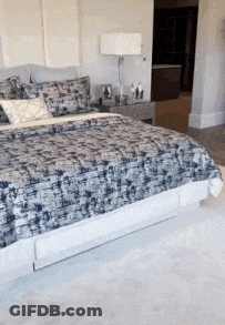 A Bed With A Patterned Blanket And Pillows In A Bedroom GIF
