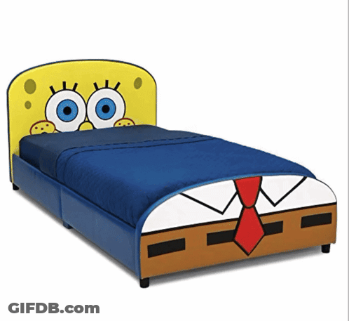 A Bed With Spongebob On The Headboard And A Blue Blanket GIF