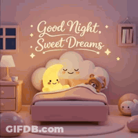 A Bedroom With A Bed , A Teddy Bear , A Crescent Moon And A Cloud . GIF